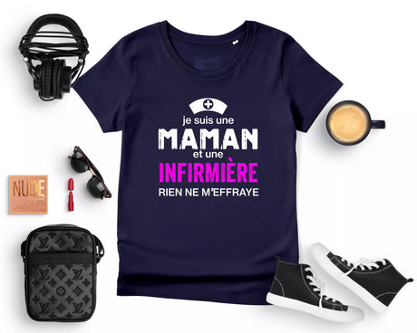 Lebonshirt® T-shirt Premium Femme 100% Coton Bio - Je Suis Une Maman Et Une Infirmière, Rien Ne m'Effraye - L220422S19 - Marine