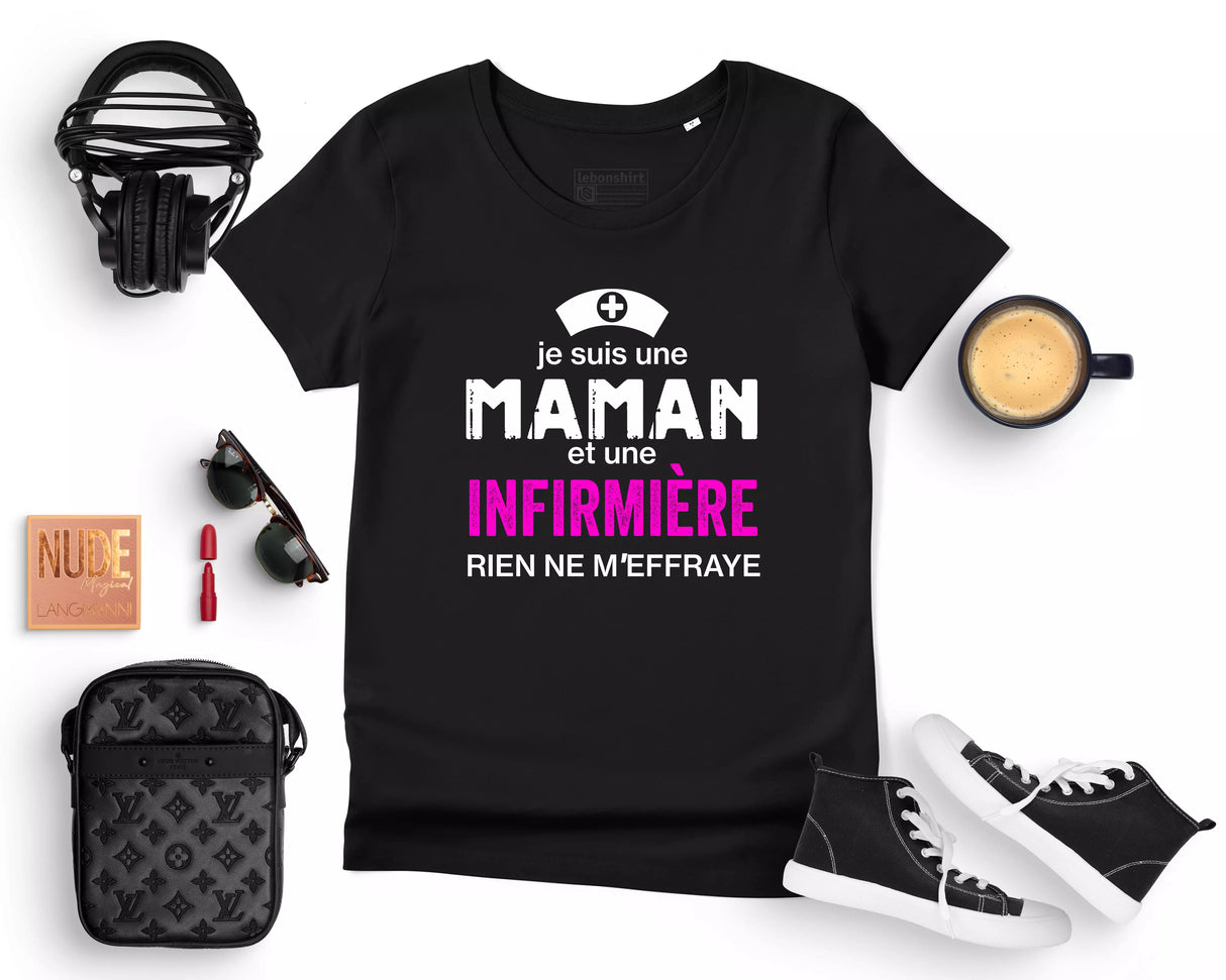 Lebonshirt® T-shirt Premium Femme 100% Coton Bio - Je Suis Une Maman Et Une Infirmière, Rien Ne m'Effraye - L220422S19 - Noir