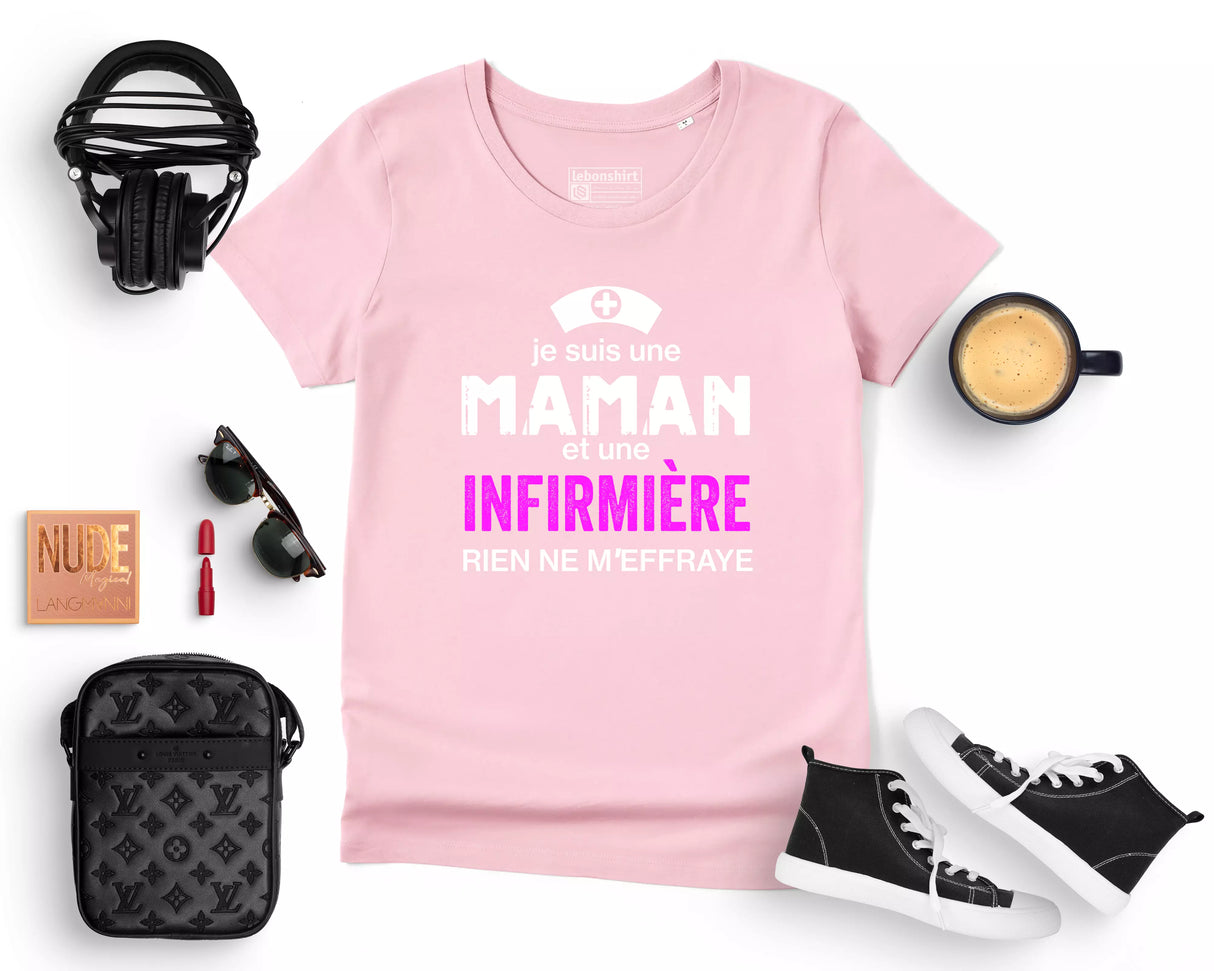 Lebonshirt® T-shirt Premium Femme 100% Coton Bio - Je Suis Une Maman Et Une Infirmière, Rien Ne m'Effraye - L220422S19 - Rose