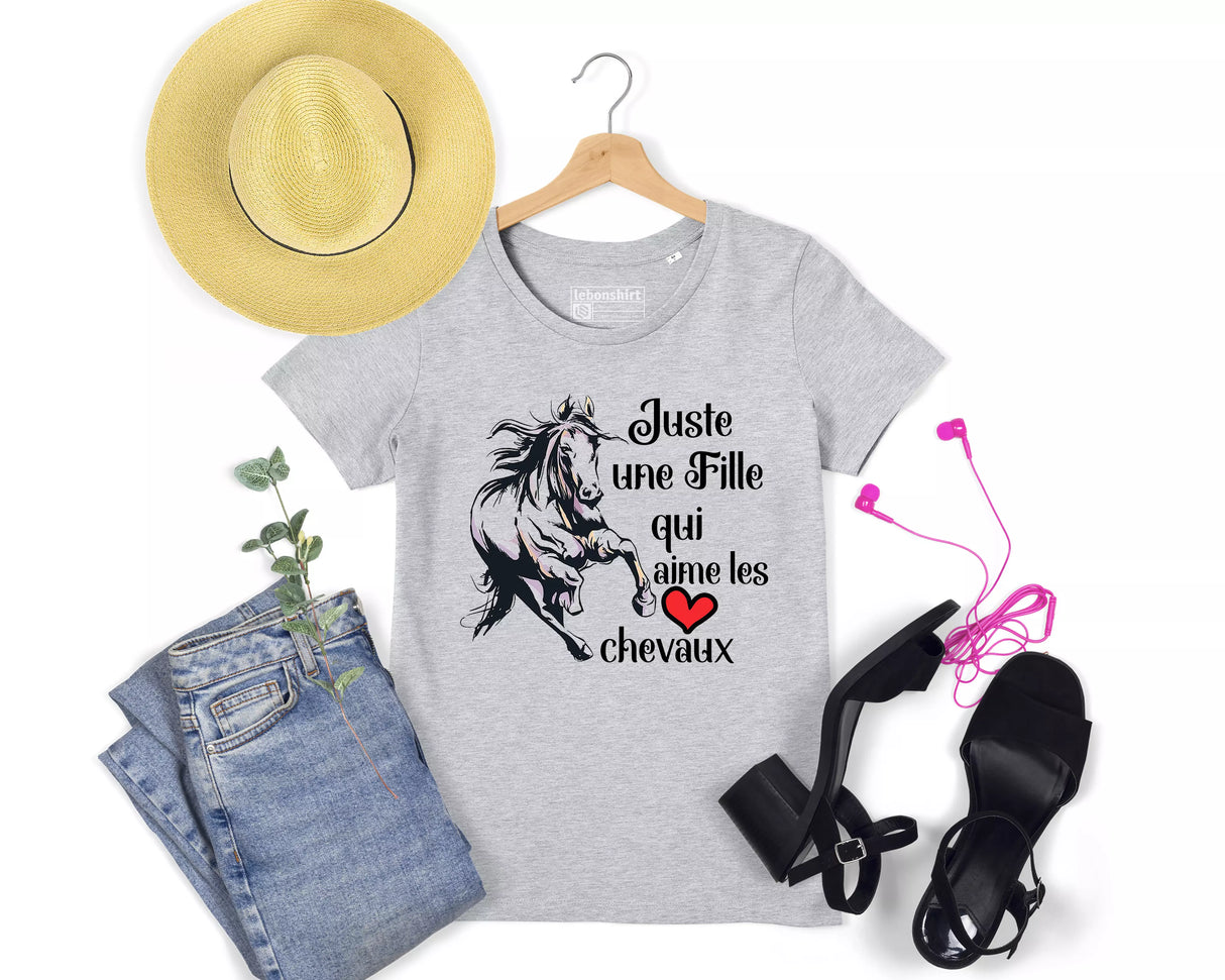 Lebonshirt® T-shirt Premium Femme En Coton Bio - Juste une Fille Qui Aime Les Chevaux - Cadeau Original d'Equitation - L060422S17