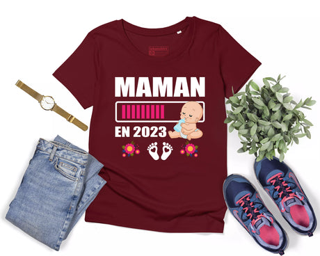 Lebonshirt® T-shirt Premium Femme En Coton Bio - Maman En 2023 - Cadeau Femme Enceinte & Jeune Maman - L220422S18 - Bordeaux