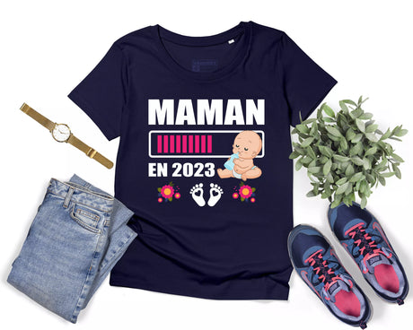 Lebonshirt® T-shirt Premium Femme En Coton Bio - Maman En 2023 - Cadeau Femme Enceinte & Jeune Maman - L220422S18 - Marine