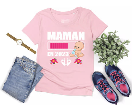 Lebonshirt® T-shirt Premium Femme En Coton Bio - Maman En 2023 - Cadeau Femme Enceinte & Jeune Maman - L220422S18 - Rose