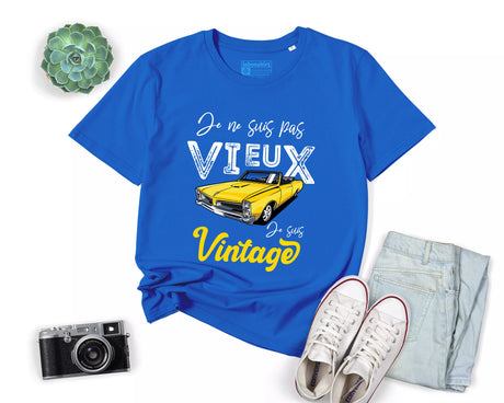 Lebonshirt® T-shirt Premium Homme 100% Coton Bio - Je Ne Suis Pas Vieux, Je Suis Vintage - L270422S17 - Bleu