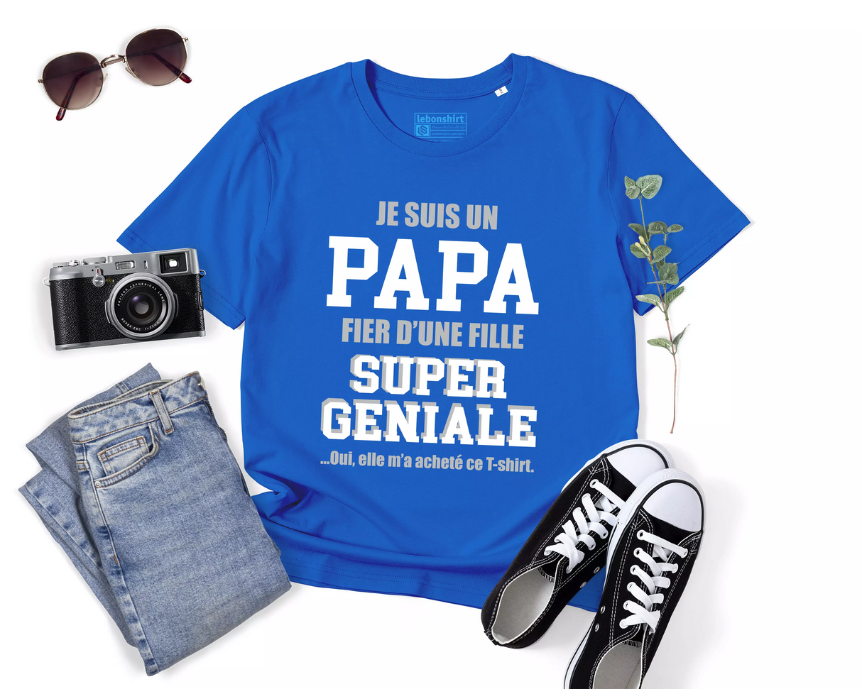 Lebonshirt® T-shirt Premium Homme 100% Coton Bio - Je Suis Un Papa Fier d'Une Fille Super Géniale, Elle m'a Acheté Ce T-shirt - L270422S22 - Bleu