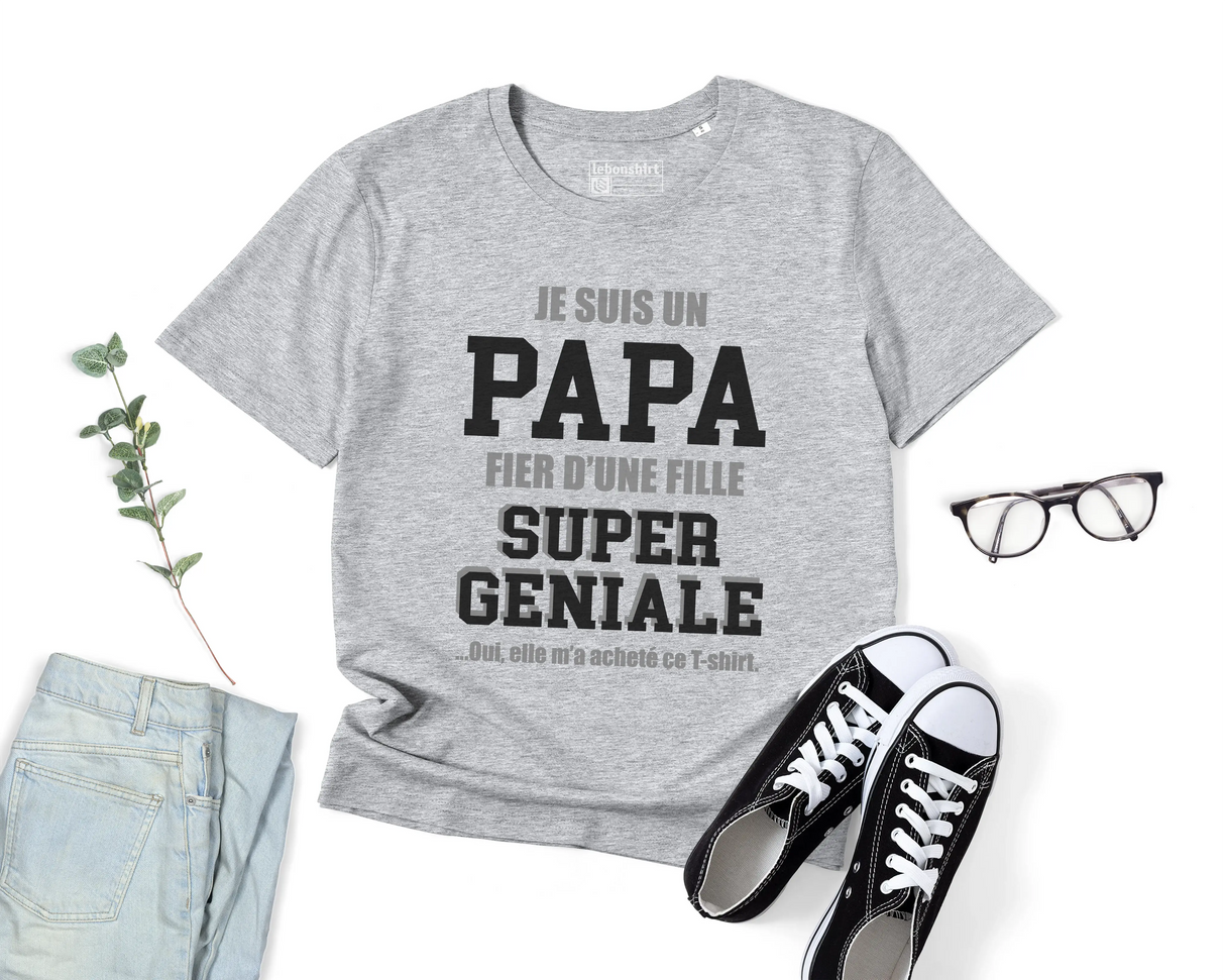 Lebonshirt® T-shirt Premium Homme 100% Coton Bio - Je Suis Un Papa Fier d'Une Fille Super Géniale, Elle m'a Acheté Ce T-shirt - L270422S22 - Gris