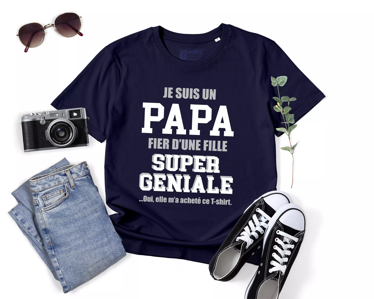 Lebonshirt® T-shirt Premium Homme 100% Coton Bio - Je Suis Un Papa Fier d'Une Fille Super Géniale, Elle m'a Acheté Ce T-shirt - L270422S22 - Marine