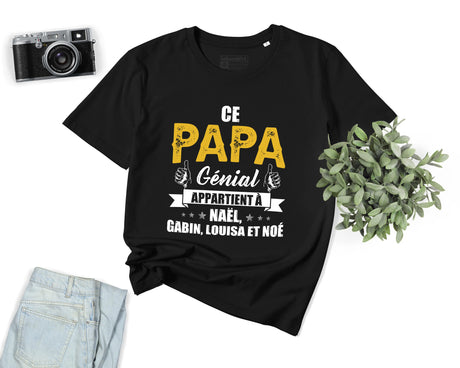 Lebonshirt® T-shirt Premium Homme Coton Bio - Ce Papa Génial Apparteint À, Cadeau Perrsonnalisé Pour Papa Fête Des Pères - L090522S25 - Noir