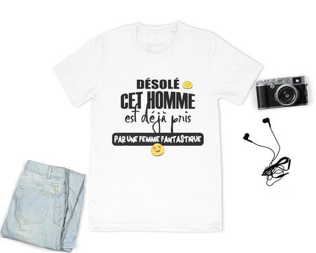 Lebonshirt® T-shirt Premium Homme Coton Bio - Désolé, Cet Homme Est Déjà Pris Par Une Femme Fantastique - L010122S03 Blanc