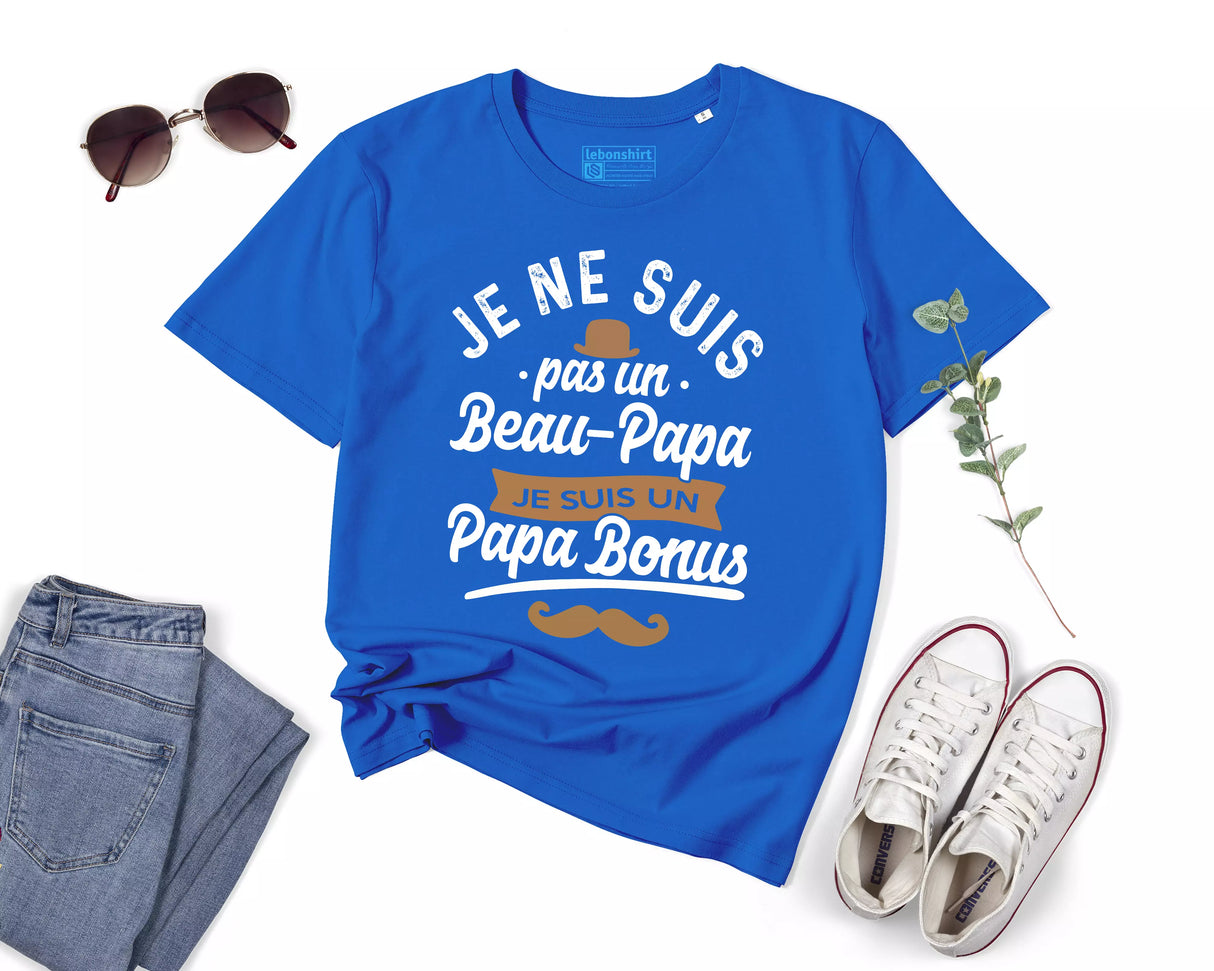 Lebonshirt® T-shirt Premium Homme Coton Bio - Je Ne Suis Pas Un Beau Papa, Je Suis Un Papa Bonus - Cadeau Humour Pour Beau Papa - L290422S14 - Bleu