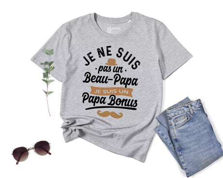 Lebonshirt® T-shirt Premium Homme Coton Bio - Je Ne Suis Pas Un Beau Papa, Je Suis Un Papa Bonus - Cadeau Humour Pour Beau Papa - L290422S14 - Gris