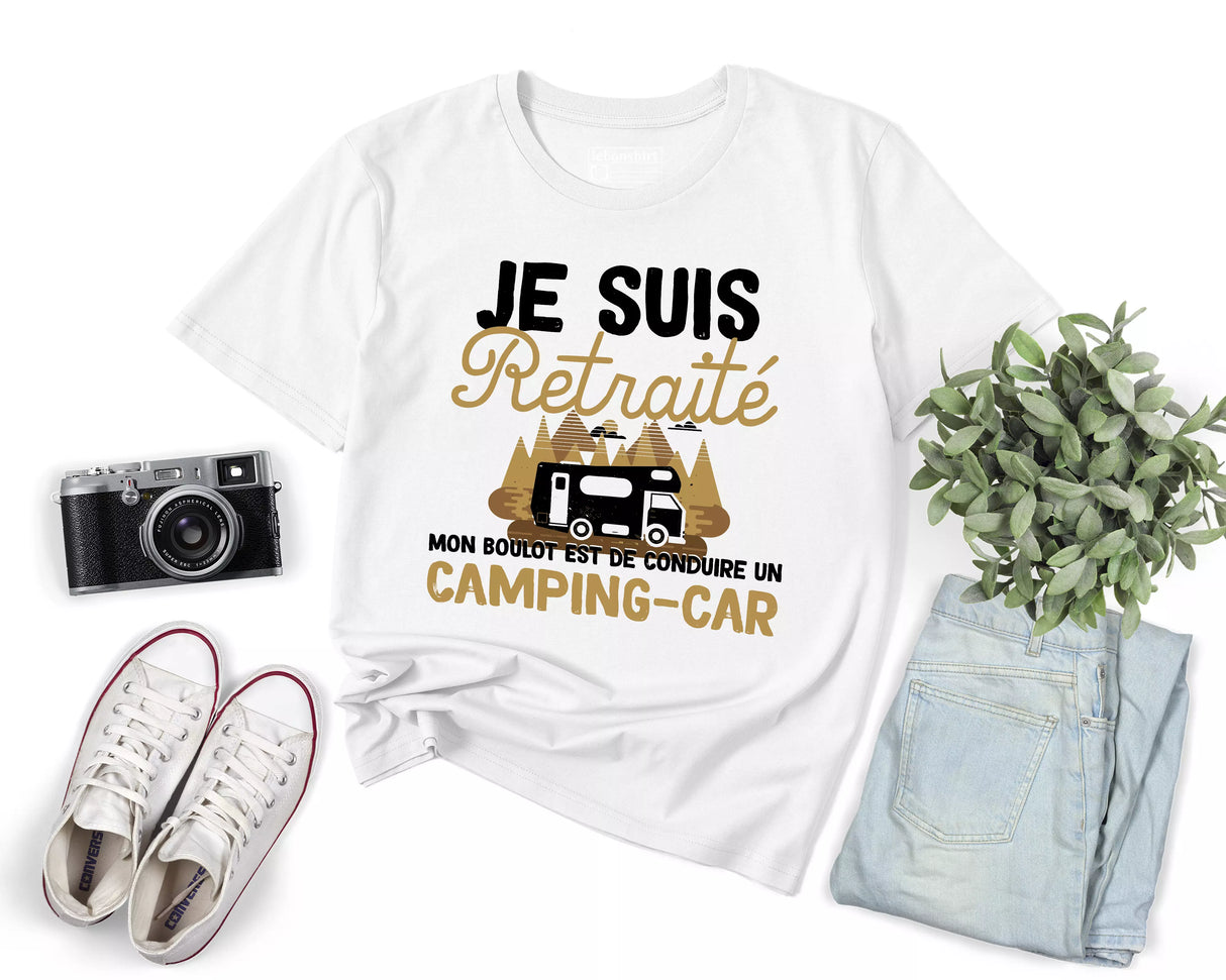 Lebonshirt® T-shirt Premium Homme Coton Bio - Je Suis Retraité - Mon Boulot Est De Conduire Un Camping Car - L270423S25 - Blanc