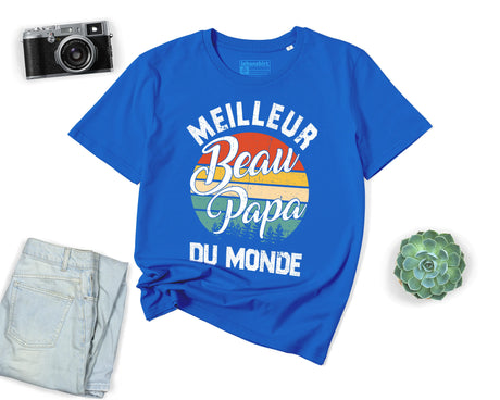 Lebonshirt® T-shirt Premium Homme Coton Bio Bleu - Meilleur Beau Papa Du Monde, Cadeau Idéal Pour Beau Père - L040522S05