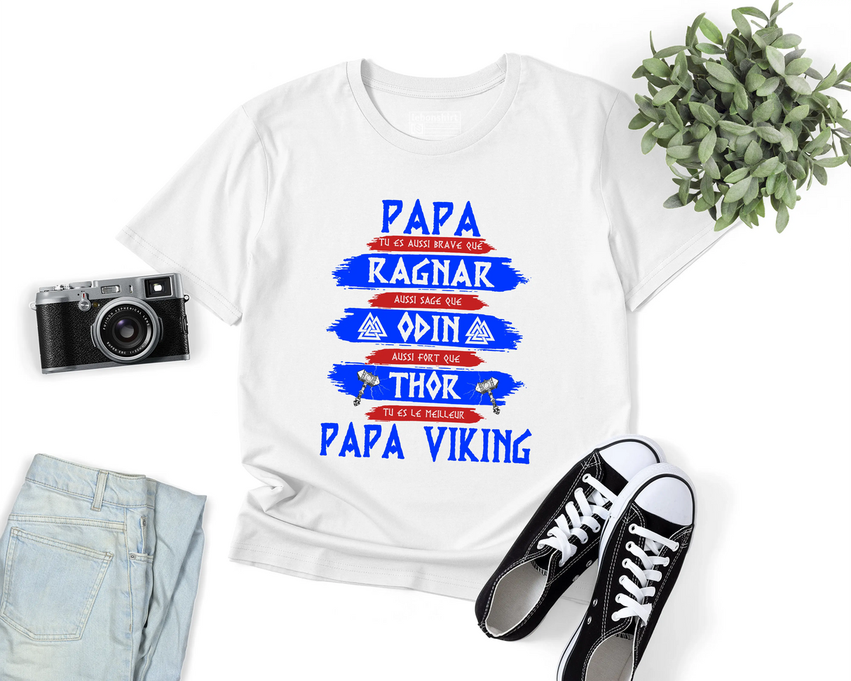 Lebonshirt® T-shirt Premium Homme Coton Bio Blanc - Papa, Ragnar, Odin, Thor, Papa Viking - L050522S03