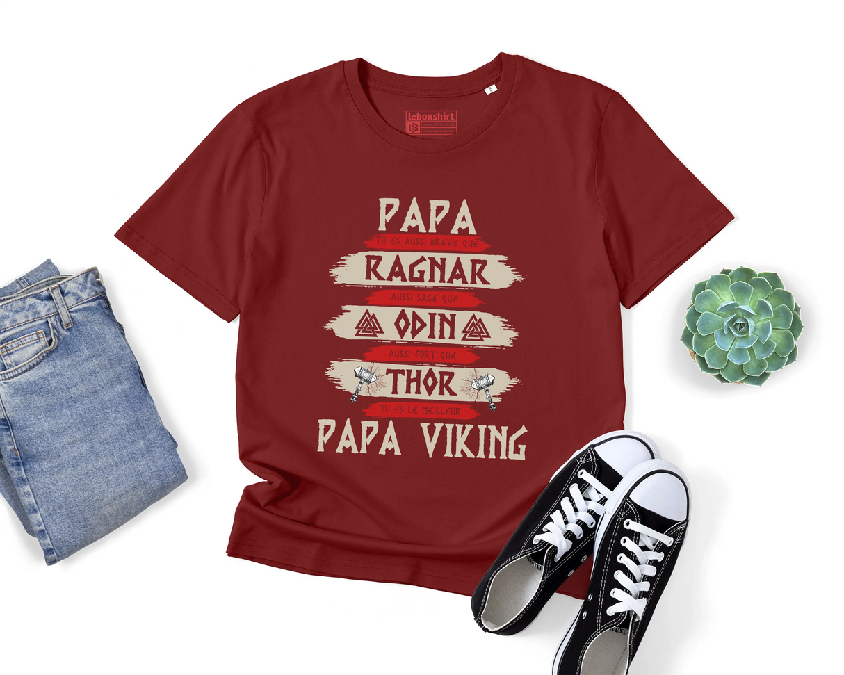 Lebonshirt® T-shirt Premium Homme Coton Bio Bordeaux - Papa, Ragnar, Odin, Thor, Papa Viking - L050522S03