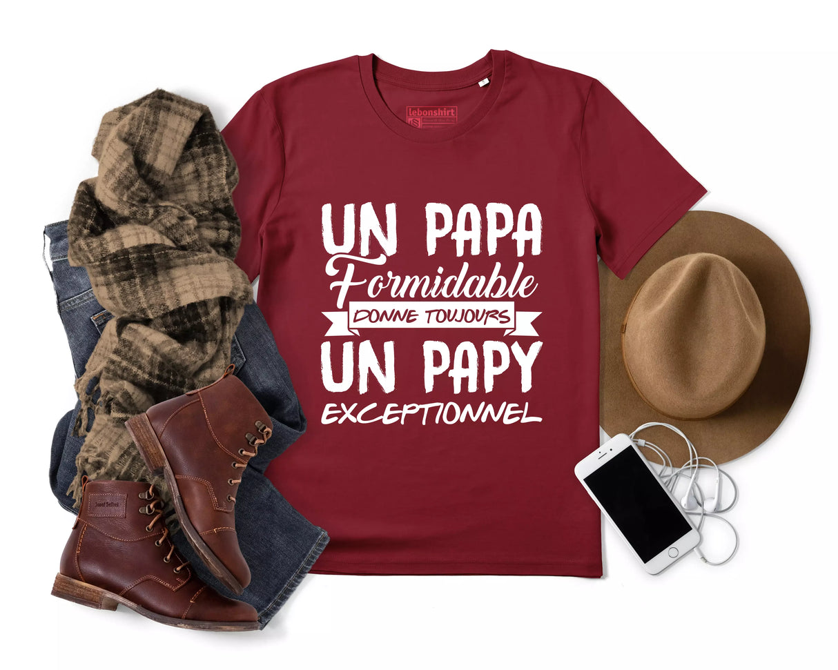 Lebonshirt® T-shirt Premium Homme Coton Bio - Un Papa Formiadable Donne Toujours Un Papy Exceptionnel - L290422S17 - Bordeaux